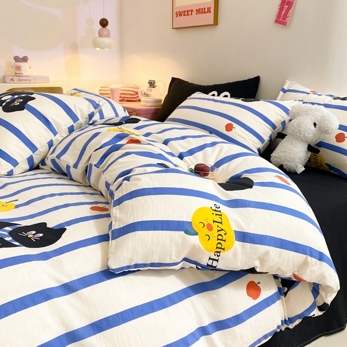 91家纺网 家纺一手货源 找家纺 葡萄家 2024新款双层纱云柔水洗棉萌趣卡通系列四件套（提供买家秀联系客服） 蓝小猫