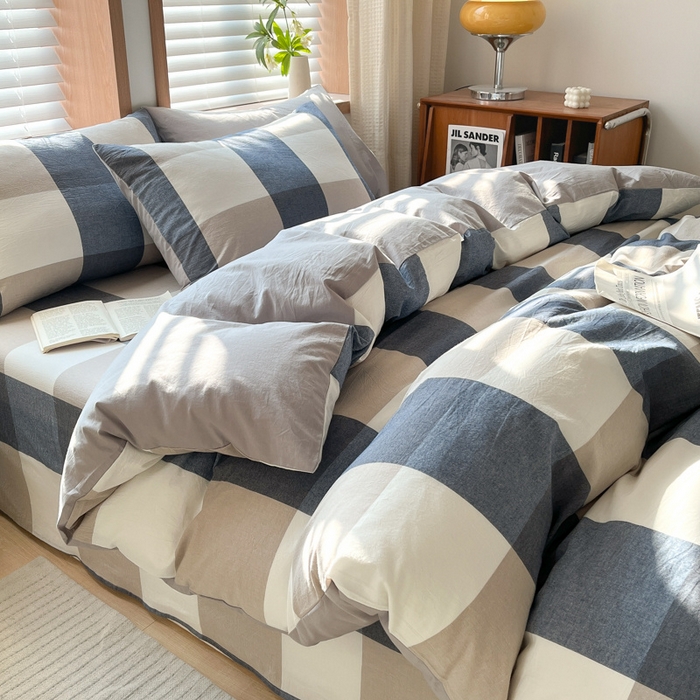 91家纺网 家纺一手货源 找家纺 启程家纺 2026新款全棉A类水洗棉多规格四件套单品-四件套 蓝大格