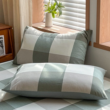 启程家纺 2026新款全棉A类水洗棉多规格四件套单品-单枕套 绿大格