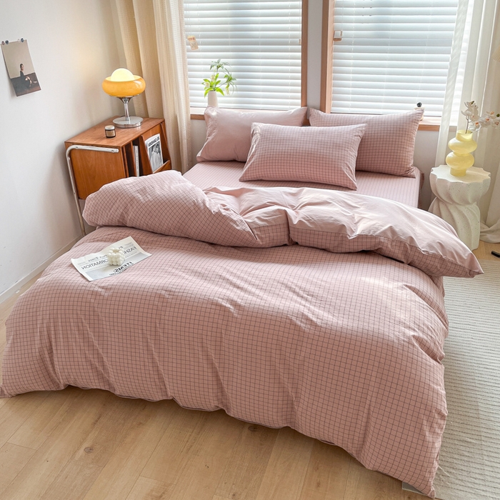 91家纺网 家纺一手货源 找家纺 启程家纺 2026新款全棉A类水洗棉多规格四件套单品-四件套 粉小方格