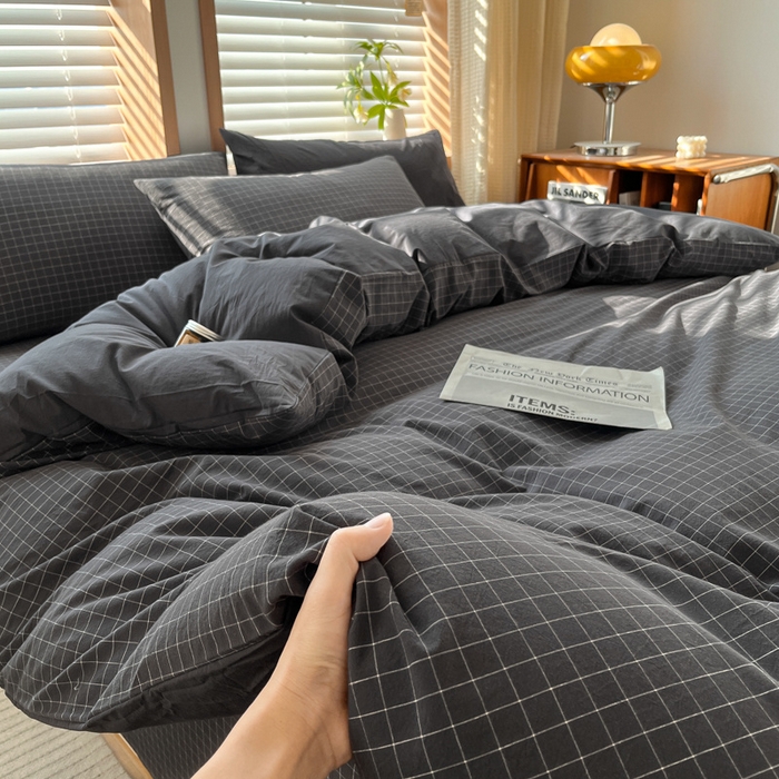 91家纺网 家纺一手货源 找家纺 启程家纺 2026新款全棉A类水洗棉多规格四件套单品-四件套 灰小方格