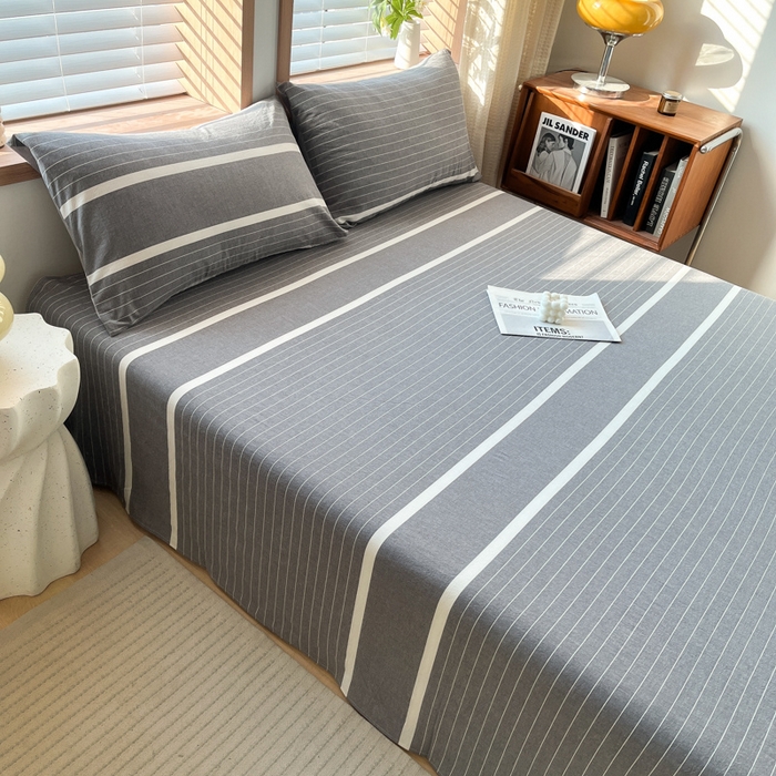 91家纺网 家纺一手货源 找家纺 启程家纺 2026新款全棉A类水洗棉多规格四件套单品-单床单 深灰条