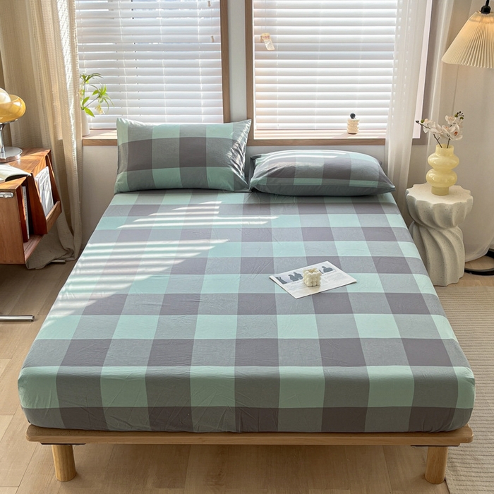 91家纺网 家纺一手货源 找家纺 启程家纺 2026新款全棉A类水洗棉多规格四件套单品-单床笠 绿灰大格