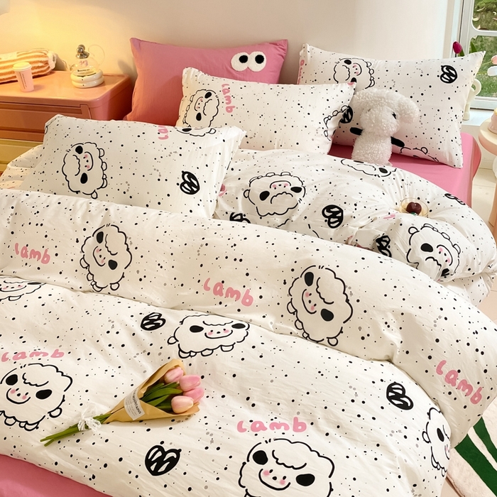 91家纺网 家纺一手货源 找家纺 葡萄家 2024新款双层纱云柔水洗棉萌趣卡通系列四件套（提供买家秀联系客服） 小羊咩咩