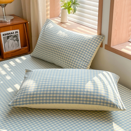 启程家纺 2026新款全棉A类水洗棉多规格四件套单品-单枕套 蓝黄小格