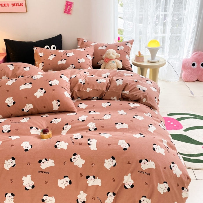 91家纺网 家纺一手货源 找家纺 葡萄家 2024新款双层纱云柔水洗棉萌趣卡通系列四件套（提供买家秀联系客服） 你好小狗