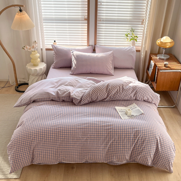 91家纺网 家纺一手货源 找家纺 启程家纺 2026新款全棉A类水洗棉多规格四件套单品-四件套 紫粉小格