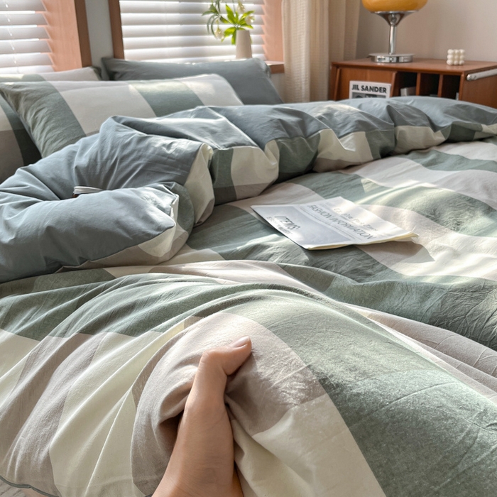 91家纺网 家纺一手货源 找家纺 启程家纺 2026新款全棉A类水洗棉多规格四件套单品-四件套 绿大格