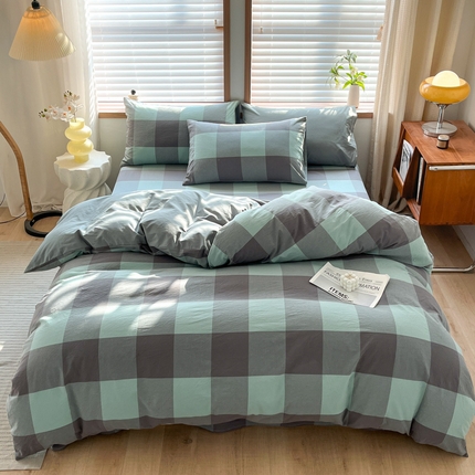 启程家纺 2026新款全棉A类水洗棉多规格四件套单品-四件套 绿灰大格