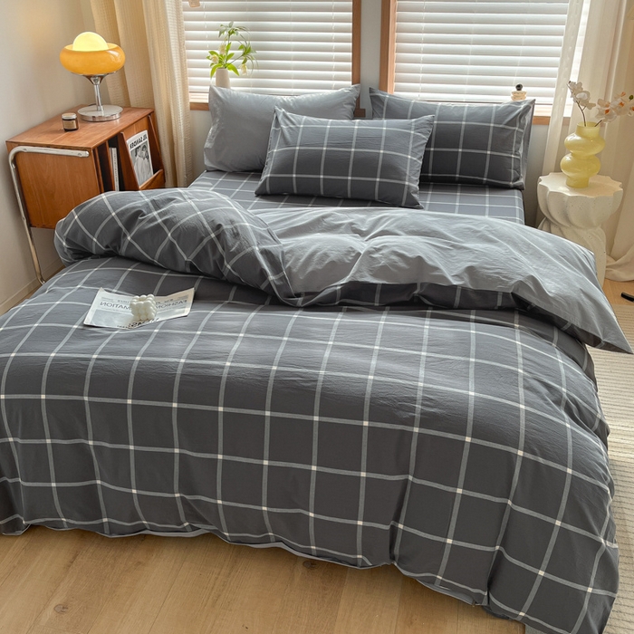 91家纺网 家纺一手货源 找家纺 启程家纺 2026新款全棉A类水洗棉多规格四件套单品-四件套 暗灰中格