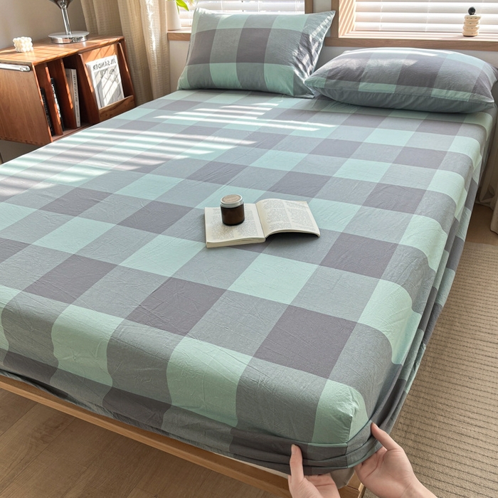 91家纺网 家纺一手货源 找家纺 启程家纺 2026新款全棉A类水洗棉多规格四件套单品-单床笠 绿灰大格