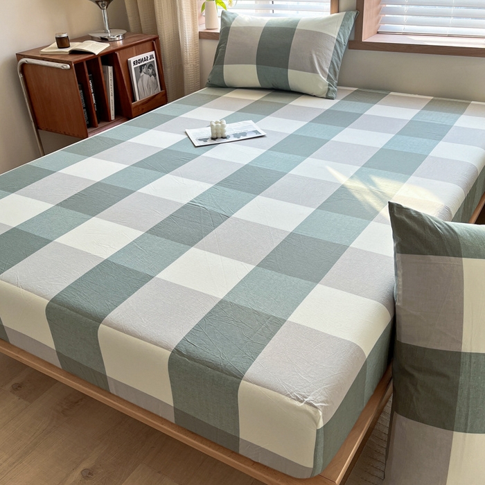 91家纺网 家纺一手货源 找家纺 启程家纺 2026新款全棉A类水洗棉多规格四件套单品-单床笠 绿大格