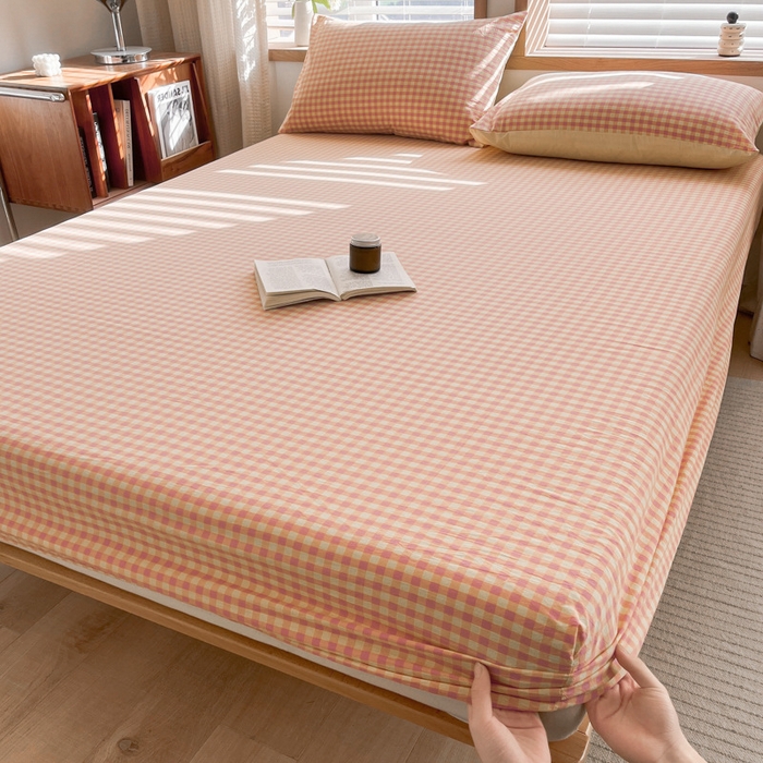 91家纺网 家纺一手货源 找家纺 启程家纺 2026新款全棉A类水洗棉多规格四件套单品-单床笠 黄粉小格