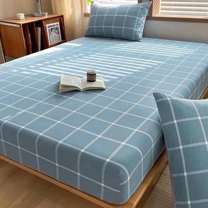 91家纺网 家纺一手货源 找家纺 启程家纺 2026新款全棉A类水洗棉多规格四件套单品-单床笠 蓝灰中格