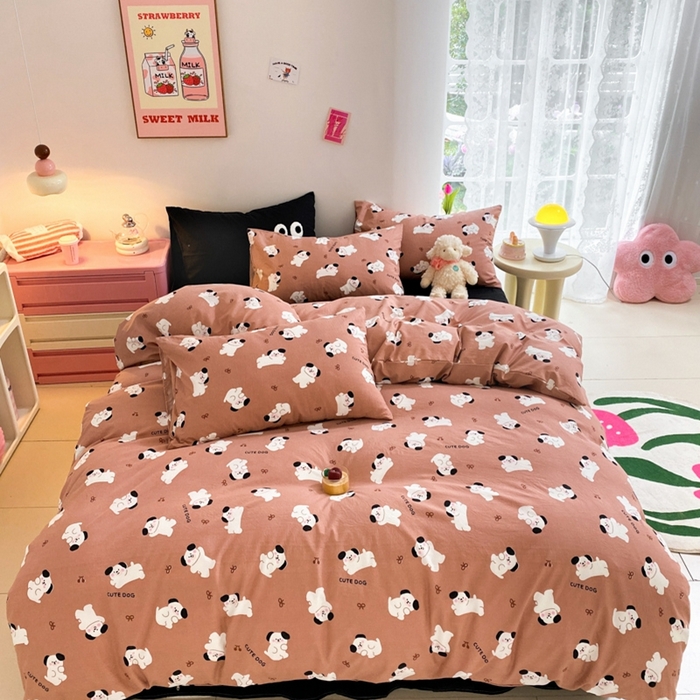 91家纺网 家纺一手货源 找家纺 葡萄家 2024新款双层纱云柔水洗棉萌趣卡通系列四件套（提供买家秀联系客服） 你好小狗