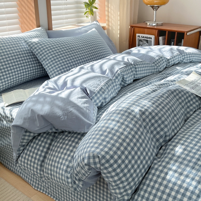 91家纺网 家纺一手货源 找家纺 启程家纺 2026新款全棉A类水洗棉多规格四件套单品-四件套 浅蓝小格