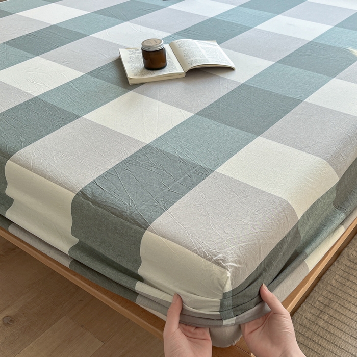 91家纺网 家纺一手货源 找家纺 启程家纺 2026新款全棉A类水洗棉多规格四件套单品-单床笠 绿大格