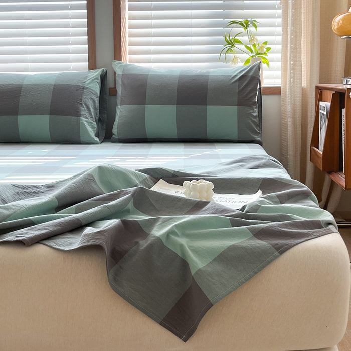 91家纺网 家纺一手货源 找家纺 启程家纺 2026新款全棉A类水洗棉多规格四件套单品-单床单 绿灰大格