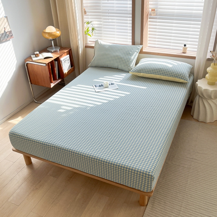 91家纺网 家纺一手货源 找家纺 启程家纺 2026新款全棉A类水洗棉多规格四件套单品-单床笠 蓝黄小格