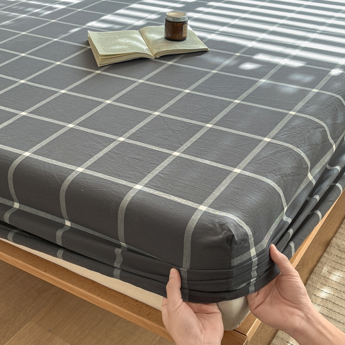 91家纺网 家纺一手货源 找家纺 启程家纺 2026新款全棉A类水洗棉多规格四件套单品-单床笠 暗灰中格