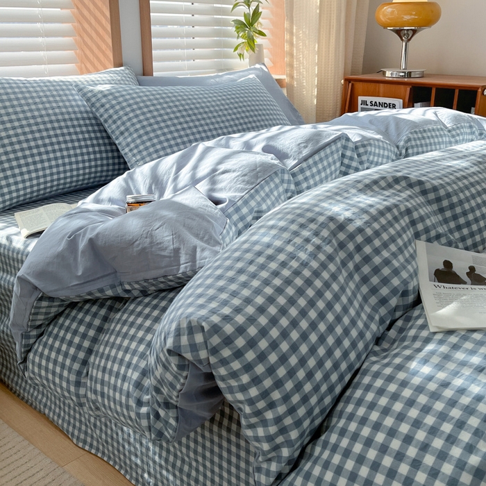 91家纺网 家纺一手货源 找家纺 启程家纺 2026新款全棉A类水洗棉多规格四件套单品-四件套 浅蓝小格