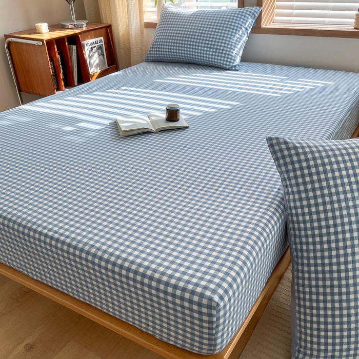 91家纺网 家纺一手货源 找家纺 启程家纺 2026新款全棉A类水洗棉多规格四件套单品-单床笠 浅蓝小格