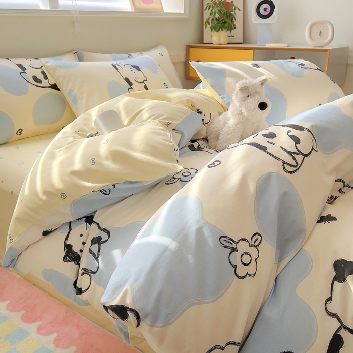 91家纺网 家纺一手货源 找家纺 百寐2024新款小清新碎花卡通13372全棉四件套纯棉床单床笠款 奶牛猫