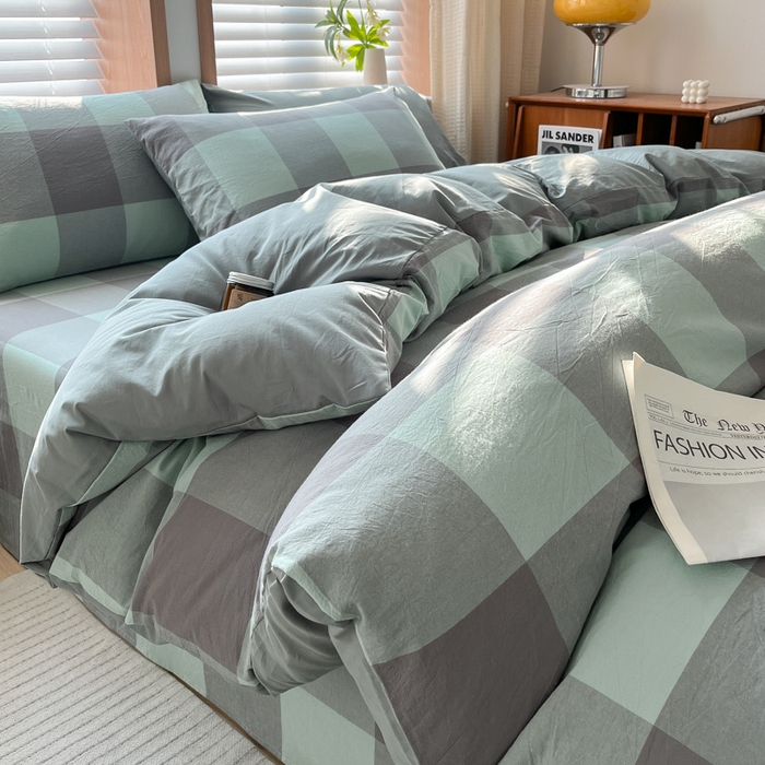 91家纺网 家纺一手货源 找家纺 启程家纺 2026新款全棉A类水洗棉多规格四件套单品-四件套 绿灰大格