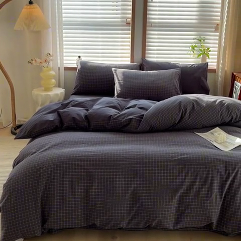 91家纺网 家纺一手货源 找家纺 启程家纺 2026新款全棉A类水洗棉多规格四件套单品-四件套 灰小方格