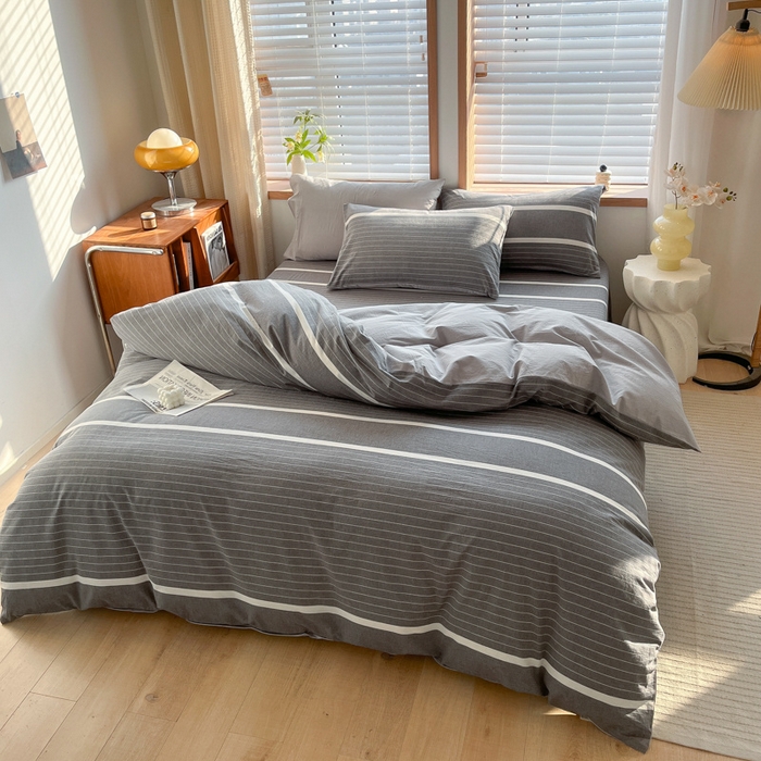 91家纺网 家纺一手货源 找家纺 启程家纺 2026新款全棉A类水洗棉多规格四件套单品-四件套 深灰条