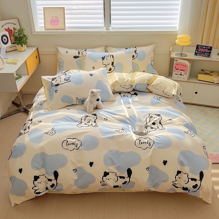 91家纺网 家纺一手货源 找家纺 百寐2024新款小清新碎花卡通13372全棉四件套纯棉床单床笠款 奶牛猫