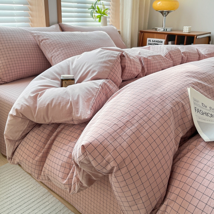 91家纺网 家纺一手货源 找家纺 启程家纺 2026新款全棉A类水洗棉多规格四件套单品-四件套 粉小方格