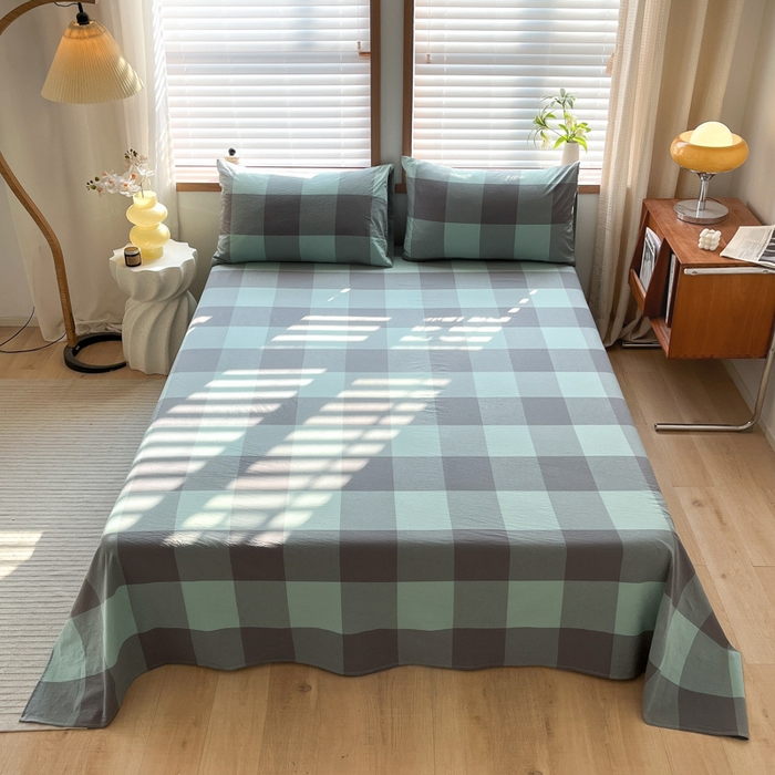 91家纺网 家纺一手货源 找家纺 启程家纺 2026新款全棉A类水洗棉多规格四件套单品-单床单 绿灰大格