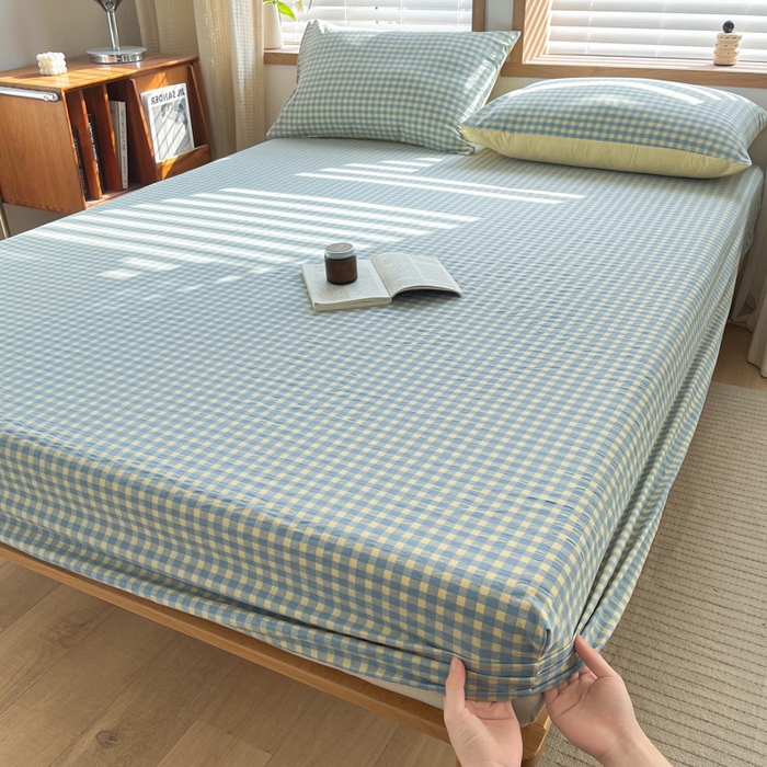 91家纺网 家纺一手货源 找家纺 启程家纺 2026新款全棉A类水洗棉多规格四件套单品-单床笠 蓝黄小格