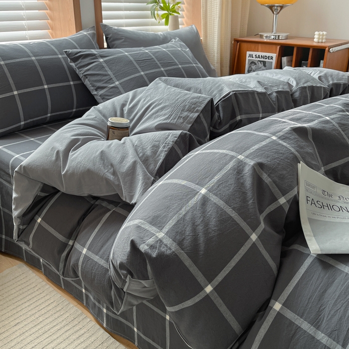 91家纺网 家纺一手货源 找家纺 启程家纺 2026新款全棉A类水洗棉多规格四件套单品-四件套 暗灰中格