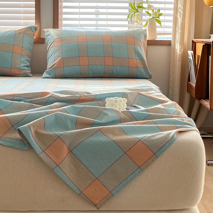 91家纺网 家纺一手货源 找家纺 启程家纺 2026新款全棉A类水洗棉多规格四件套单品-单床单 云华绿大格