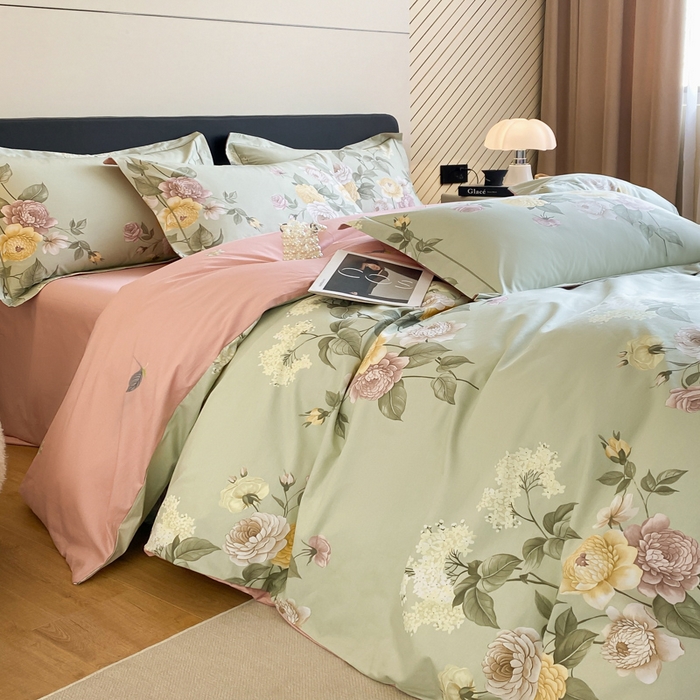 91家纺网 家纺一手货源 找家纺 格里芬家纺 2025新款全棉四件套13376纯棉印花四件套 花绘-绿