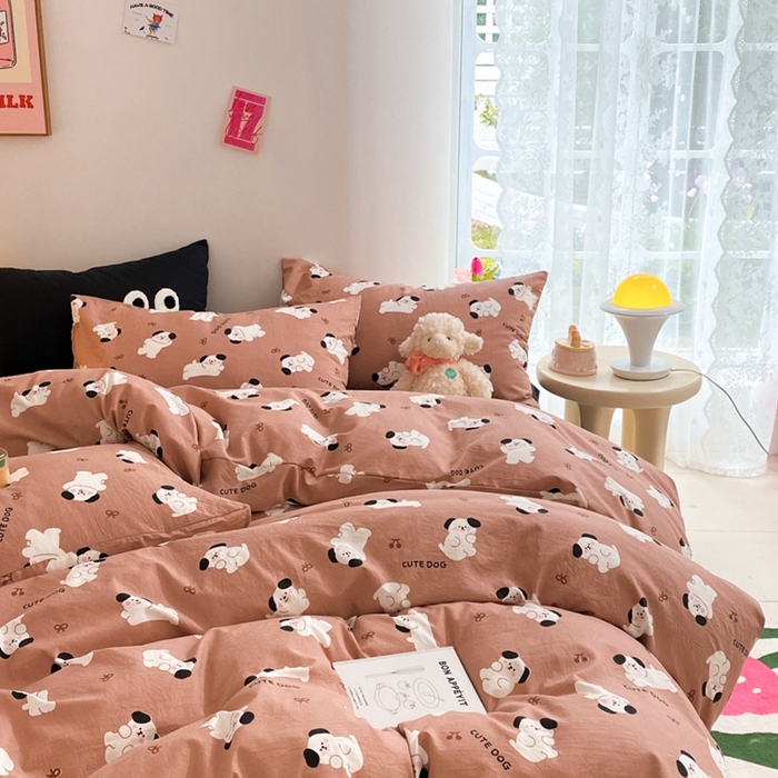 91家纺网 家纺一手货源 找家纺 葡萄家 2024新款双层纱云柔水洗棉萌趣卡通系列四件套（提供买家秀联系客服） 你好小狗