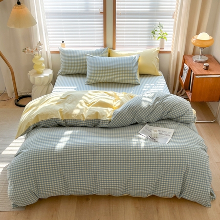 启程家纺 2026新款全棉A类水洗棉多规格四件套单品-四件套 蓝黄小格