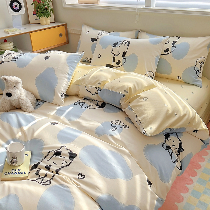 91家纺网 家纺一手货源 找家纺 百寐2024新款小清新碎花卡通13372全棉四件套纯棉床单床笠款 奶牛猫