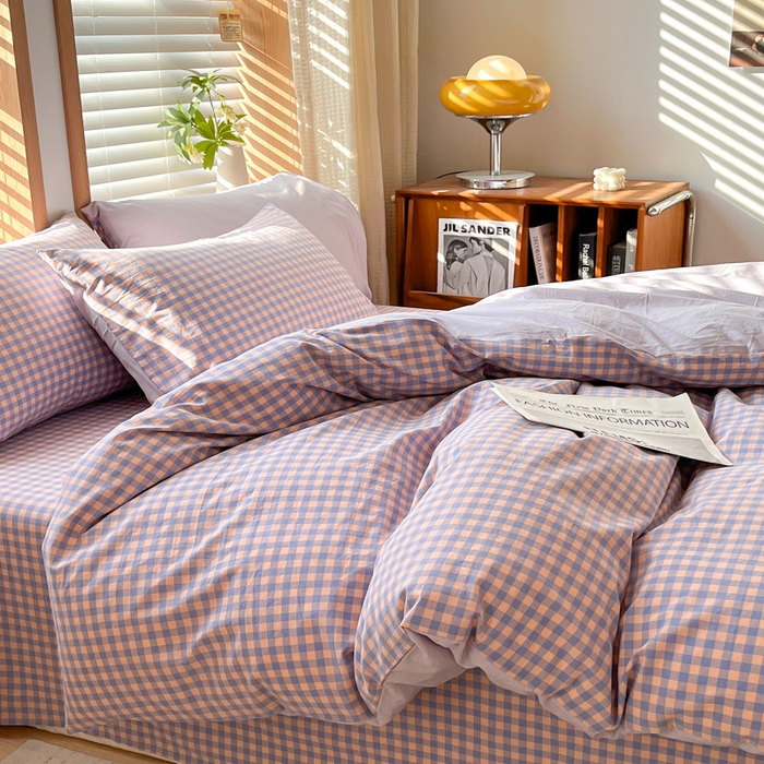 91家纺网 家纺一手货源 找家纺 启程家纺 2026新款全棉A类水洗棉多规格四件套单品-四件套 紫粉小格