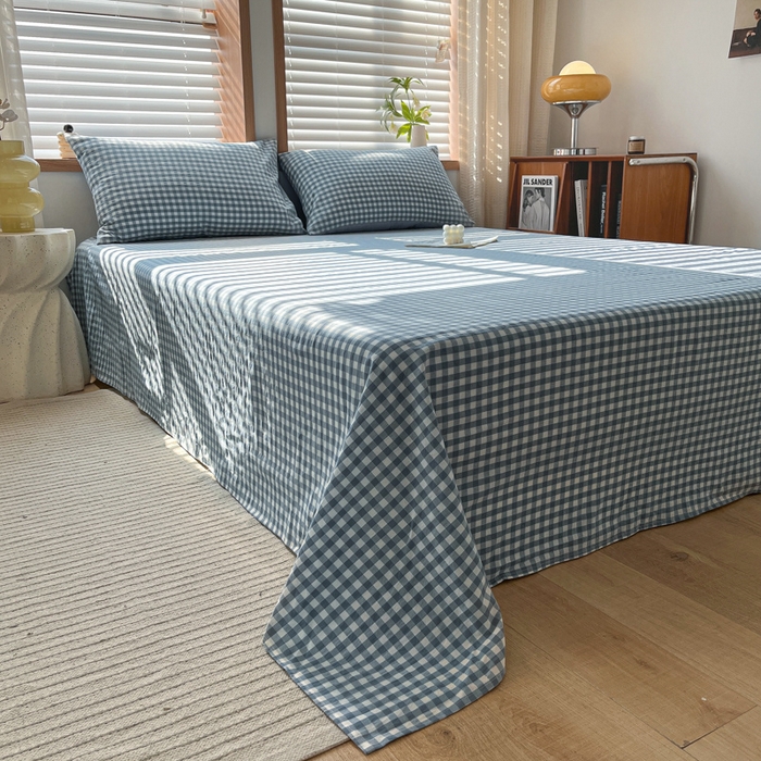 91家纺网 家纺一手货源 找家纺 启程家纺 2026新款全棉A类水洗棉多规格四件套单品-单床单 浅蓝小格