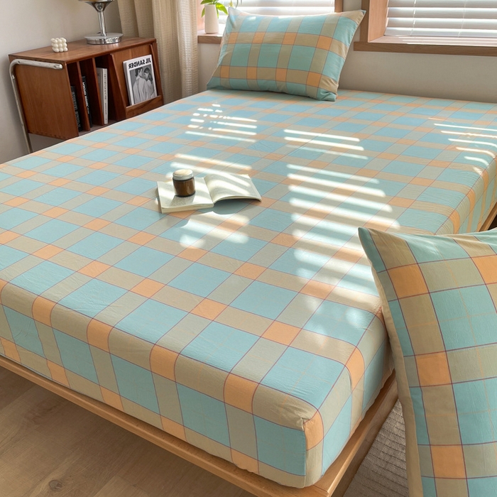 91家纺网 家纺一手货源 找家纺 启程家纺 2026新款全棉A类水洗棉多规格四件套单品-单床笠 云华绿大格