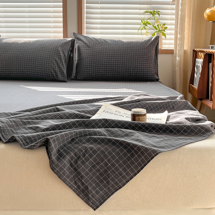 91家纺网 家纺一手货源 找家纺 启程家纺 2026新款全棉A类水洗棉多规格四件套单品-单床单 灰小方格