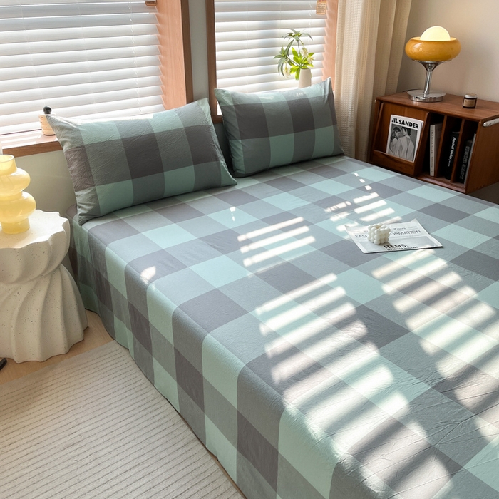 91家纺网 家纺一手货源 找家纺 启程家纺 2026新款全棉A类水洗棉多规格四件套单品-单床单 绿灰大格