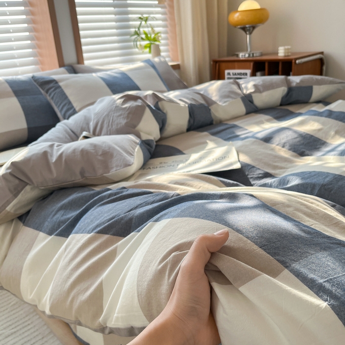 91家纺网 家纺一手货源 找家纺 启程家纺 2026新款全棉A类水洗棉多规格四件套单品-四件套 蓝大格