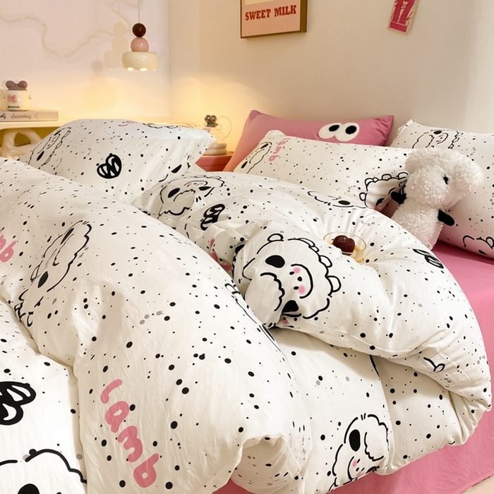 91家纺网 家纺一手货源 找家纺 葡萄家 2024新款双层纱云柔水洗棉萌趣卡通系列四件套（提供买家秀联系客服） 小羊咩咩