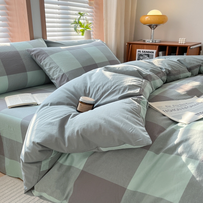 91家纺网 家纺一手货源 找家纺 启程家纺 2026新款全棉A类水洗棉多规格四件套单品-四件套 绿灰大格