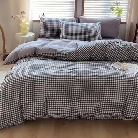 91家纺网 家纺一手货源 找家纺 启程家纺 2026新款全棉A类水洗棉多规格四件套单品-四件套 灰小格