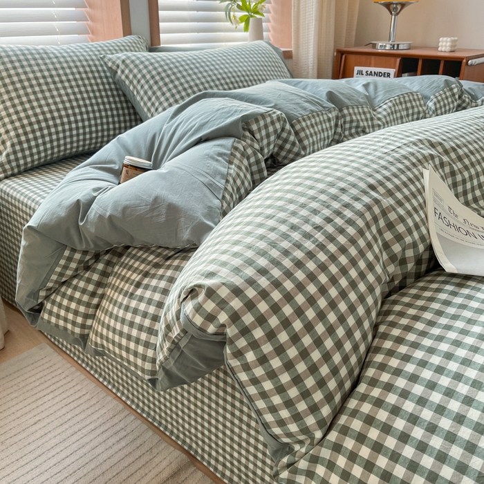 91家纺网 家纺一手货源 找家纺 启程家纺 2026新款全棉A类水洗棉多规格四件套单品-四件套 绿小格